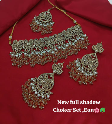 Designer Floral Choker Set with CZ Stones, Pearls & Beads