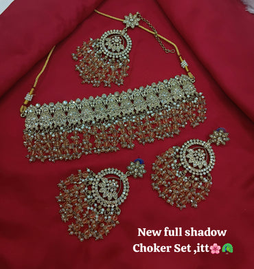 Floral Motif Full Shadow Choker Necklace Set with Matching Earrings