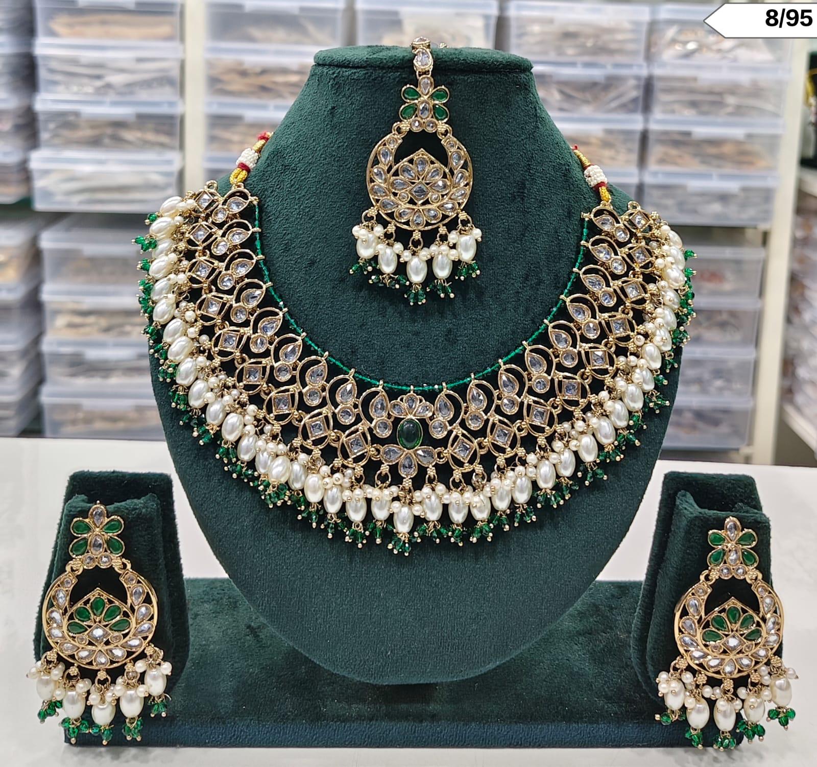 CZ Pearl Choker Necklace Set with Matching Earrings and Maang Tikka – Bridal & Ethnic Jewellery