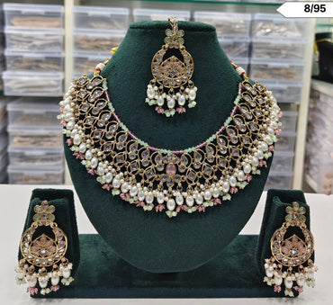 CZ Pearl Choker Necklace Set with Matching Earrings and Maang Tikka – Bridal & Ethnic Jewellery