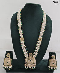 Pearl Beaded Long Necklace Set with CZ Pendant and Matching Earrings – Traditional Ethnic Jewellery