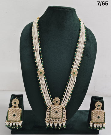 Pearl Beaded Long Necklace Set with CZ Pendant and Matching Earrings – Traditional Ethnic Jewellery