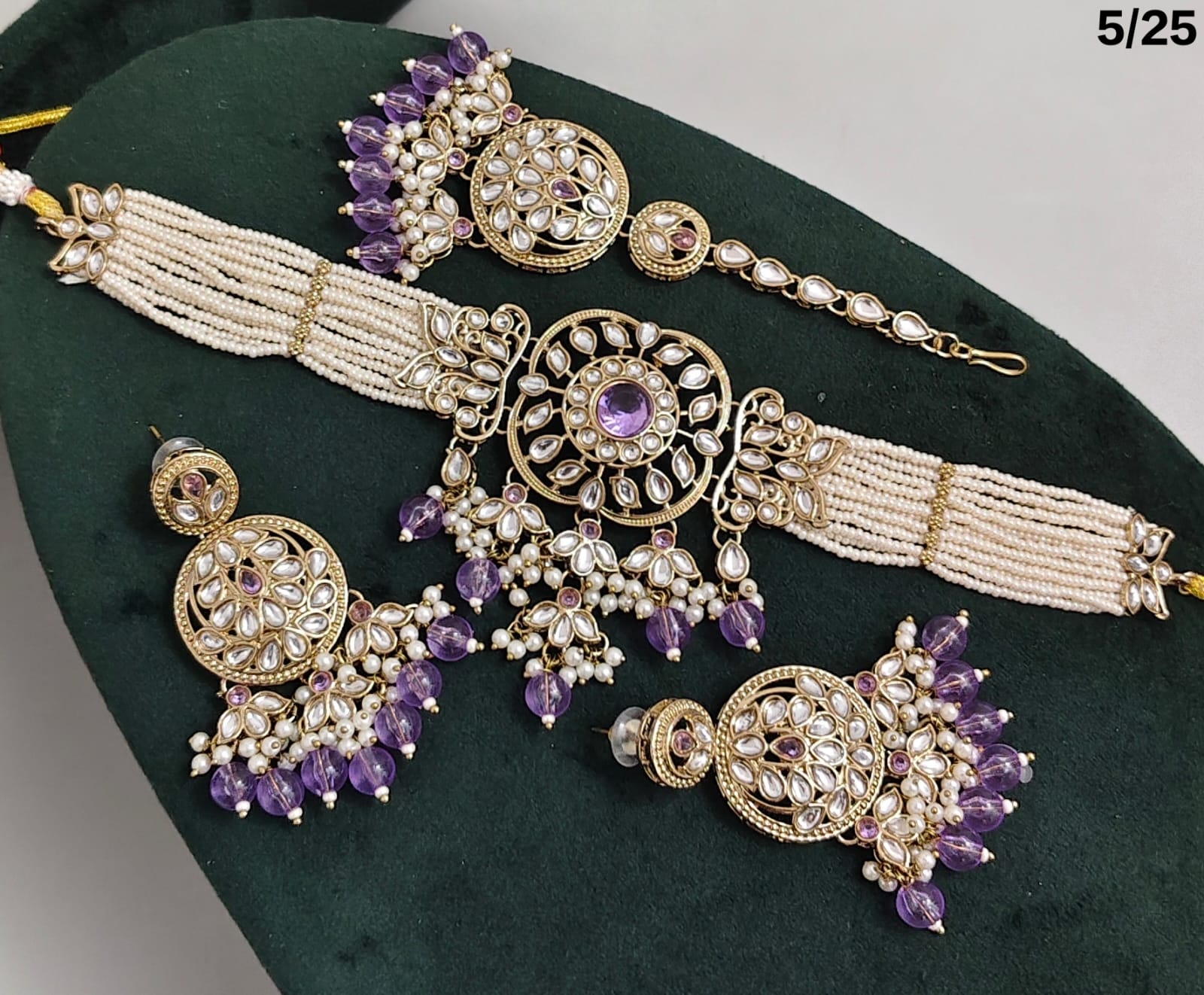 Purple Pearl Work Kundan Choker Necklace Set