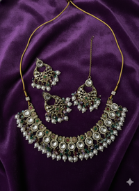 Traditional Indian Pearl Jewelry Set - Choker, Jhumka Earrings, and Maang Tikka