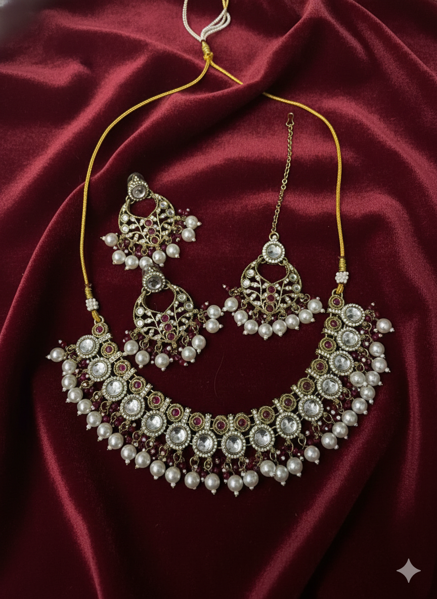 Traditional Indian Pearl Jewelry Set - Choker, Jhumka Earrings, and Maang Tikka