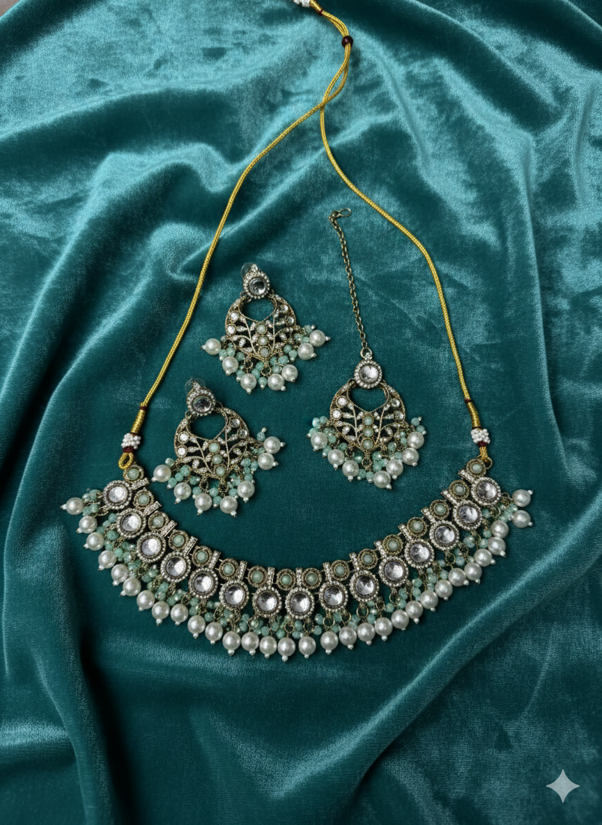 Traditional Indian Pearl Jewelry Set - Choker, Jhumka Earrings, and Maang Tikka