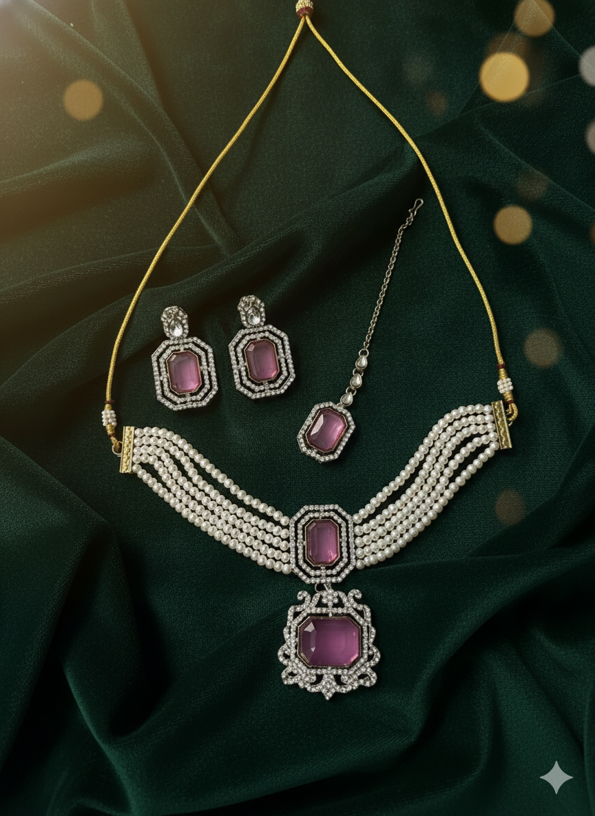 Traditional Pearl Choker Necklace Set with Matching Earrings and Maang Tikka Set