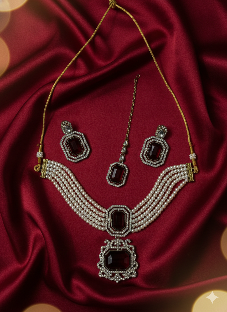 Traditional Pearl Choker Necklace Set with Matching Earrings and Maang Tikka Set
