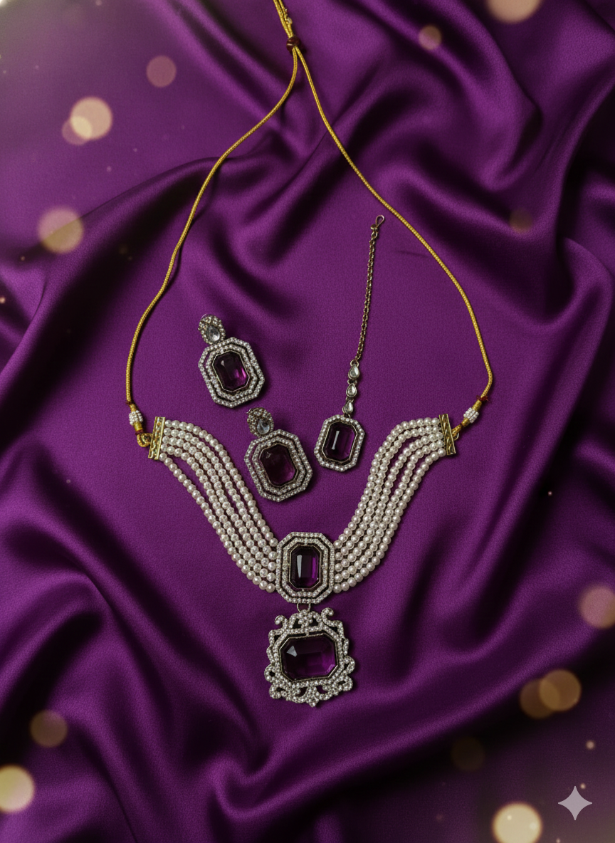 Traditional Pearl Choker Necklace Set with Matching Earrings and Maang Tikka Set