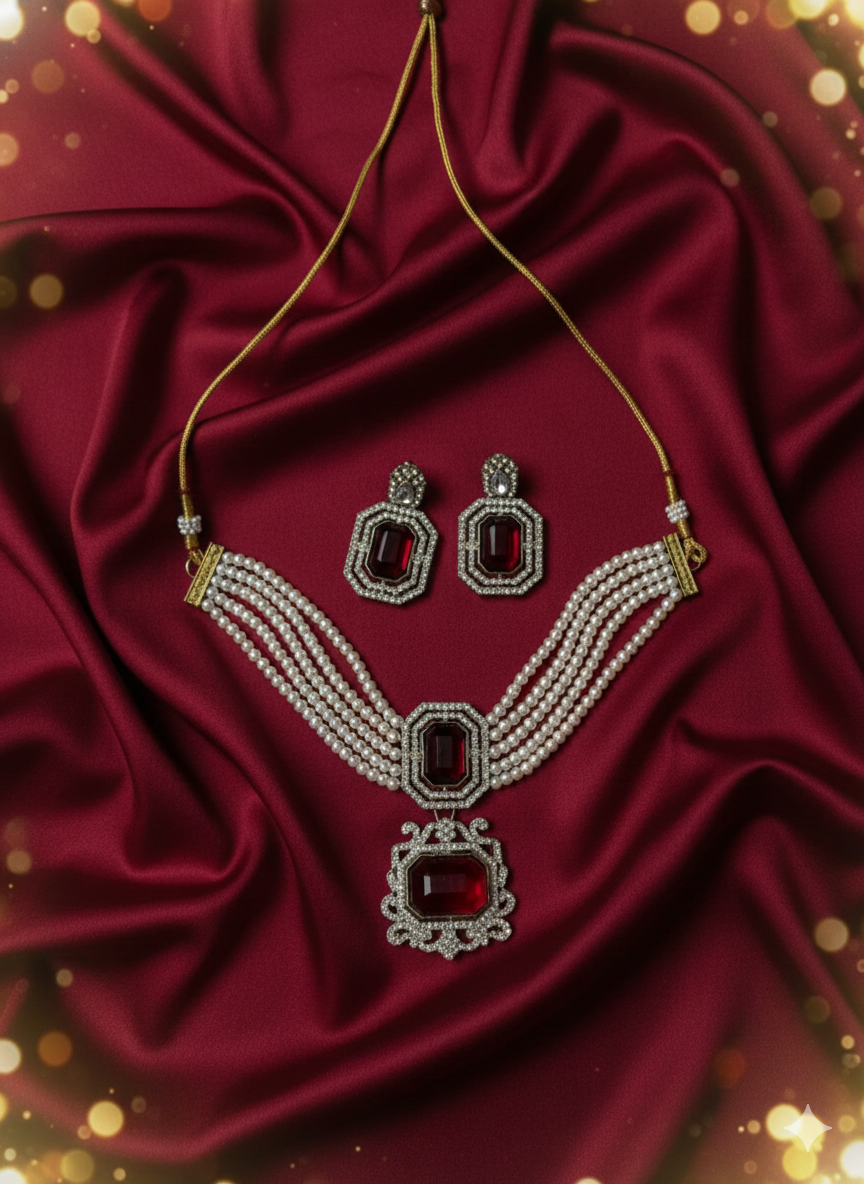 Traditional Pearl Choker Necklace Set with Matching Earrings and Maang Tikka Set