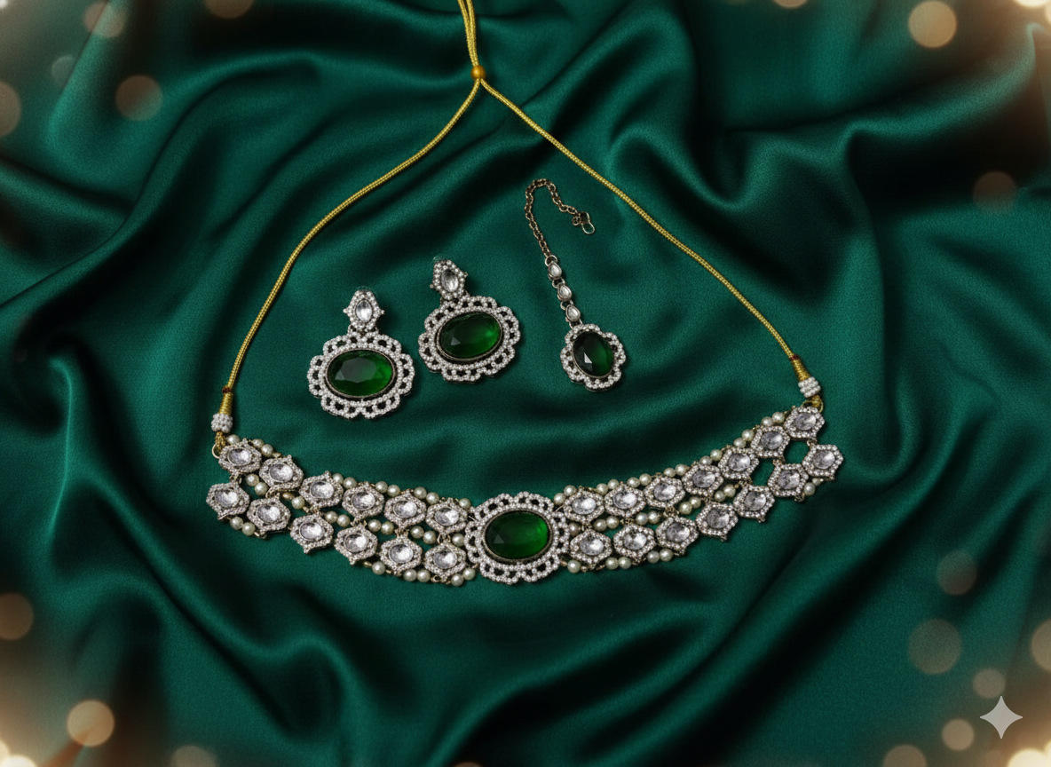 Antique Gold Plated Cz Ston Choker Necklece Set with Matching Earring and Maang Tikka
