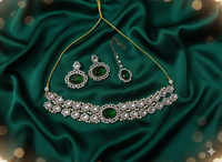 Antique Gold Plated Cz Ston Choker Necklece Set with Matching Earring and Maang Tikka