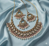 Traditional Antique Gold Finish Choker Necklace Set with Pearl Drop Earrings and Mangtika