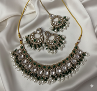 Traditional Antique Gold Finish Choker Necklace Set with Pearl Drop Earrings and Mangtika