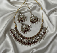 Traditional Antique Gold Finish Choker Necklace Set with Pearl Drop Earrings and Mangtika