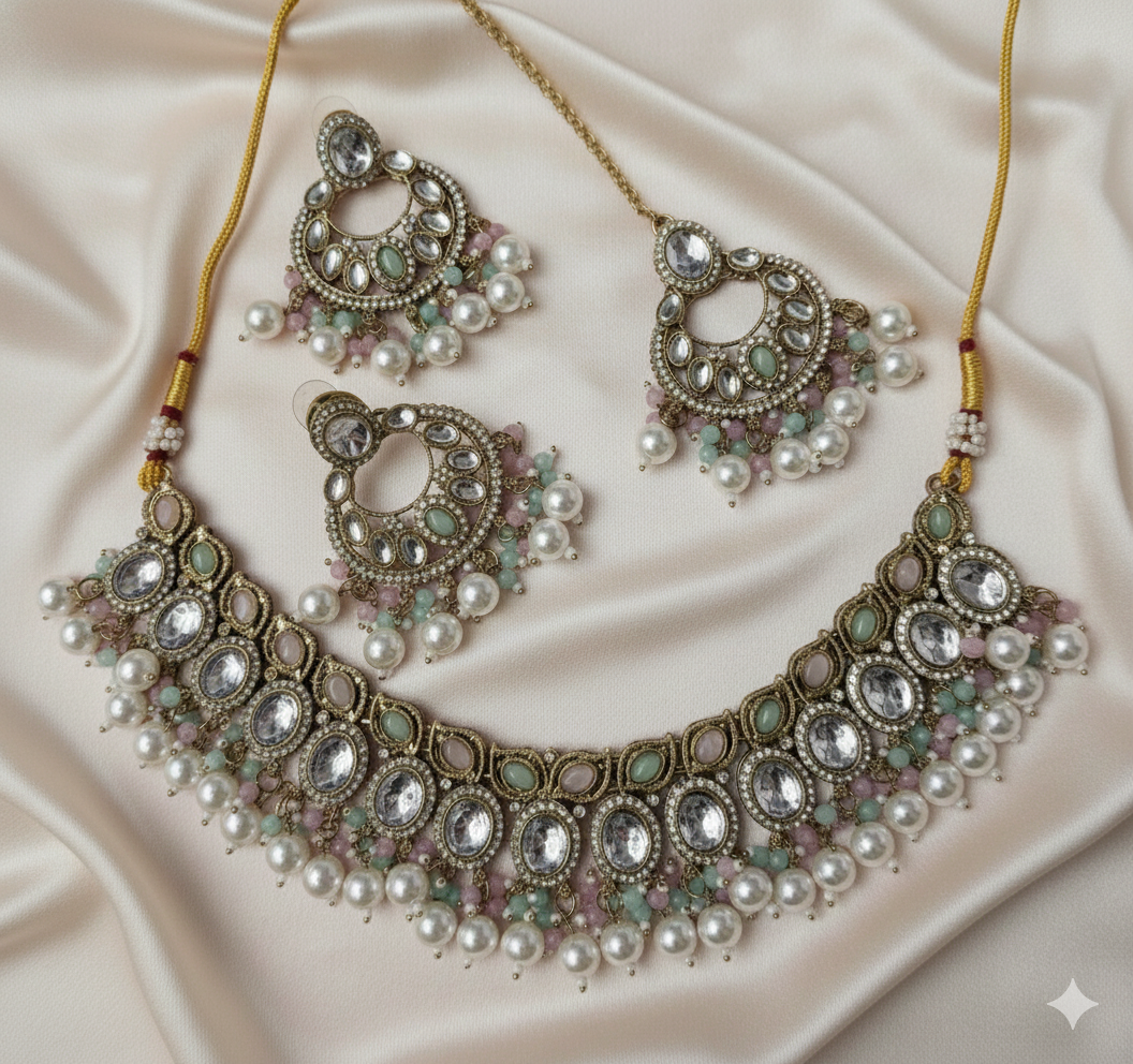 Traditional Antique Gold Finish Choker Necklace Set with Pearl Drop Earrings and Mangtika