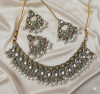 Traditional Antique Gold Finish Choker Necklace Set with Pearl Drop Earrings and Mangtika
