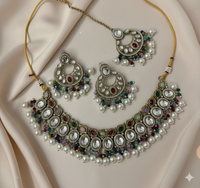 Traditional Antique Gold Finish Choker Necklace Set with Pearl Drop Earrings and Mangtika