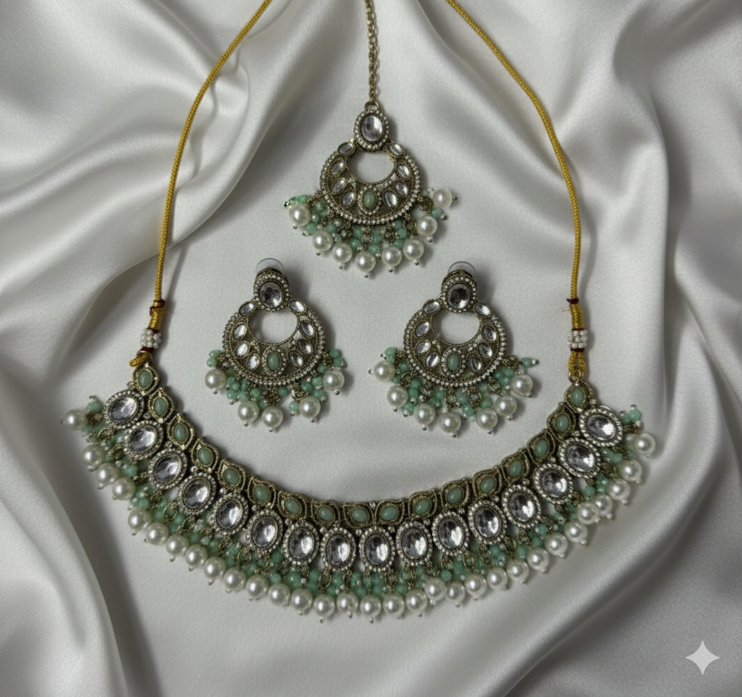 Traditional Antique Gold Finish Choker Necklace Set with Pearl Drop Earrings and Mangtika