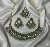 Traditional Antique Gold Finish Choker Necklace Set with Pearl Drop Earrings and Mangtika