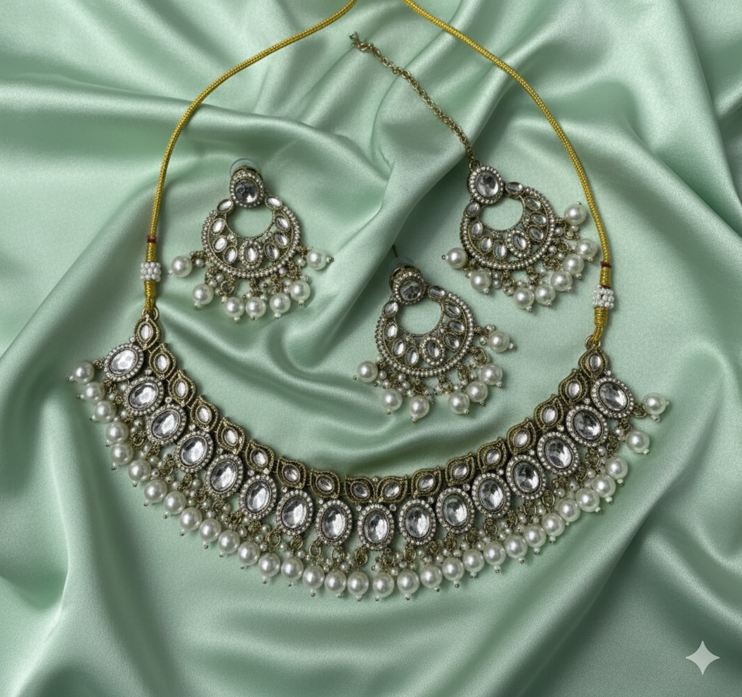 Traditional Antique Gold Finish Choker Necklace Set with Pearl Drop Earrings and Mangtika