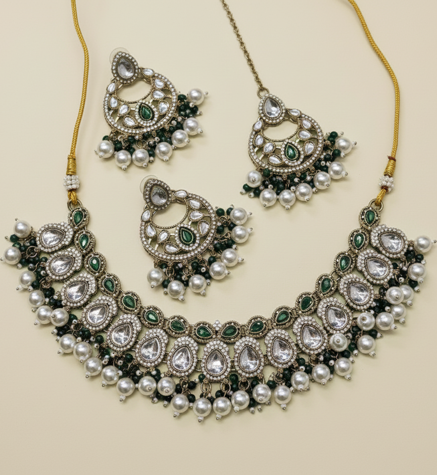 Traditional Gold Finish Choker Jewellery Set Necklace, Earrings & Maang Tikka Pearl Drops For Woman