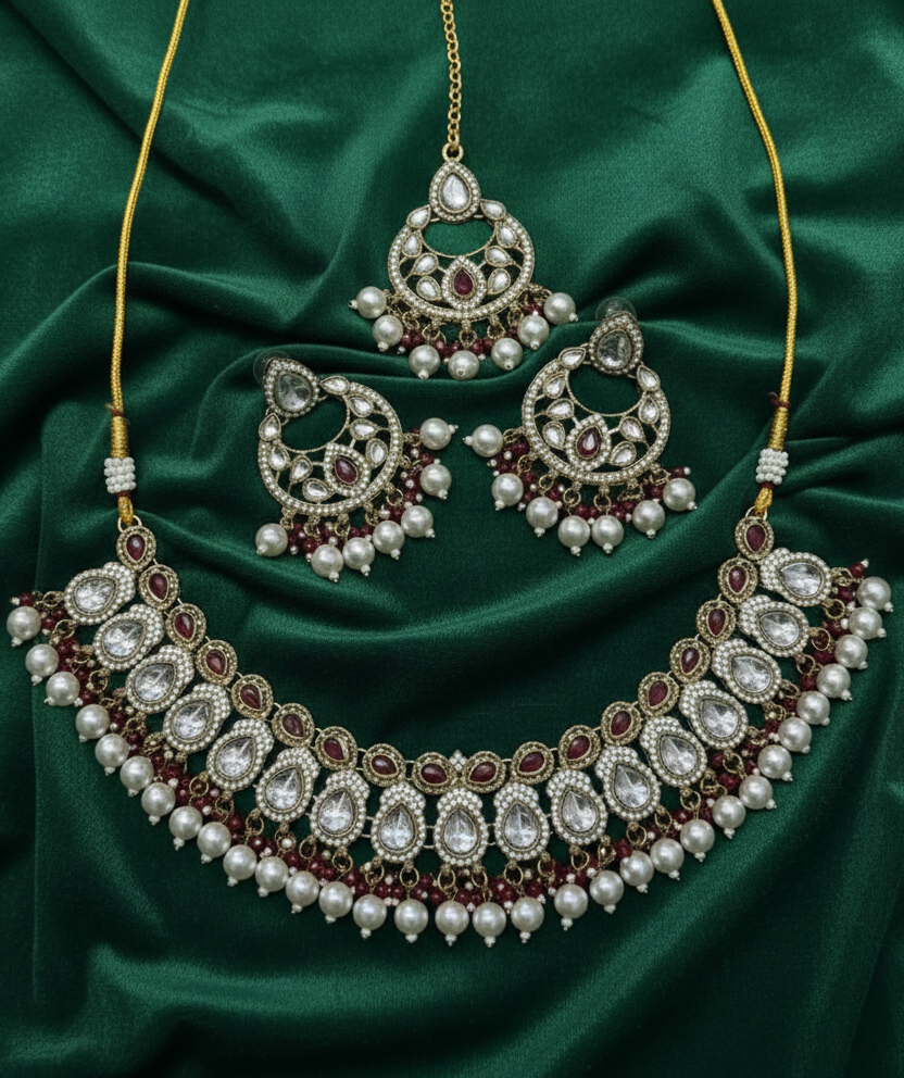 Traditional Gold Finish Choker Jewellery Set Necklace, Earrings & Maang Tikka Pearl Drops For Woman