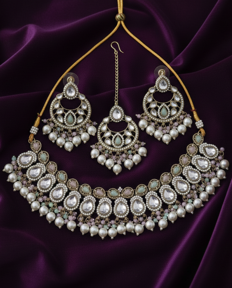 Traditional Gold Finish Choker Jewellery Set Necklace, Earrings & Maang Tikka Pearl Drops For Woman