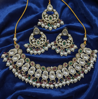 Traditional Gold Finish Choker Jewellery Set Necklace, Earrings & Maang Tikka Pearl Drops For Woman