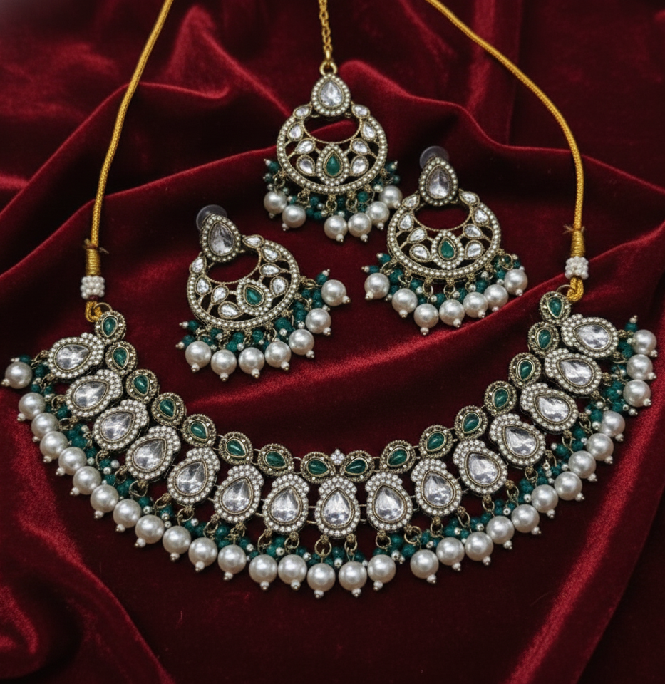 Traditional Gold Finish Choker Jewellery Set Necklace, Earrings & Maang Tikka Pearl Drops For Woman