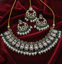Traditional Gold Finish Choker Jewellery Set Necklace, Earrings & Maang Tikka Pearl Drops For Woman