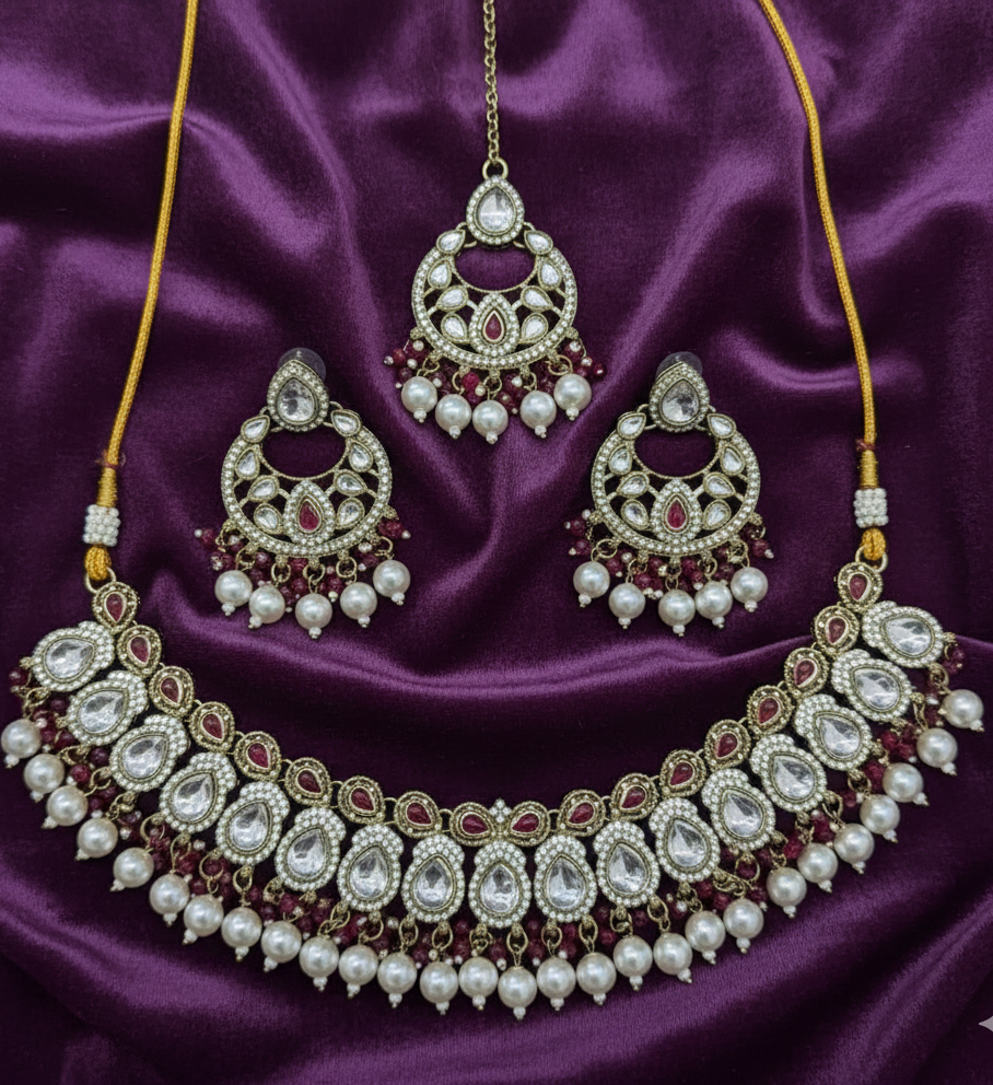 Traditional Gold Finish Choker Jewellery Set Necklace, Earrings & Maang Tikka Pearl Drops For Woman