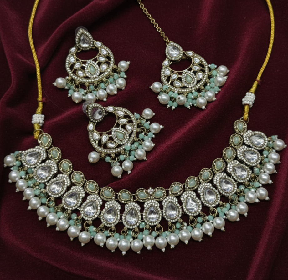 Traditional Gold Finish Choker Jewellery Set Necklace, Earrings & Maang Tikka Pearl Drops For Woman