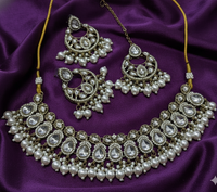Traditional Gold Finish Choker Jewellery Set Necklace, Earrings & Maang Tikka Pearl Drops For Woman
