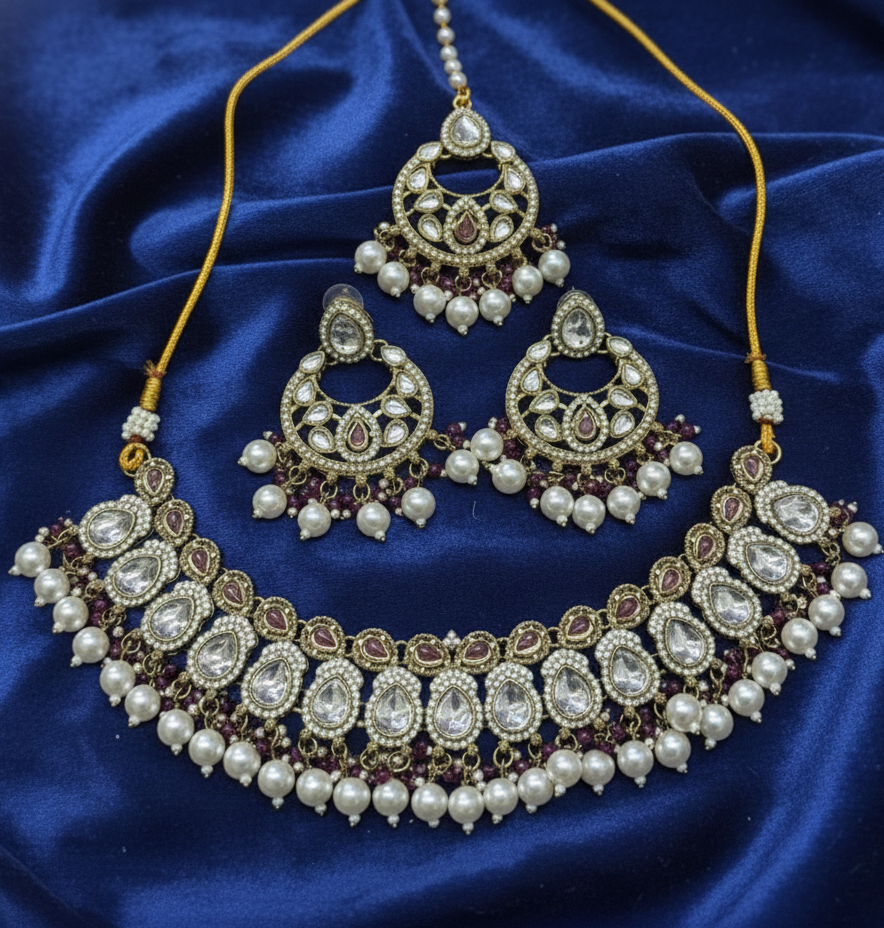 Traditional Gold Finish Choker Jewellery Set Necklace, Earrings & Maang Tikka Pearl Drops For Woman