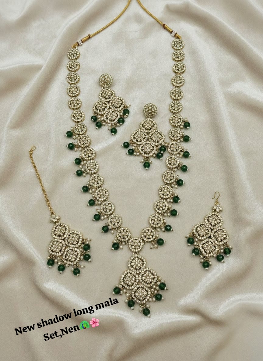 Emerald Green Gold Plated Bridal Jewelry Long Necklace With Earring Set For Woman