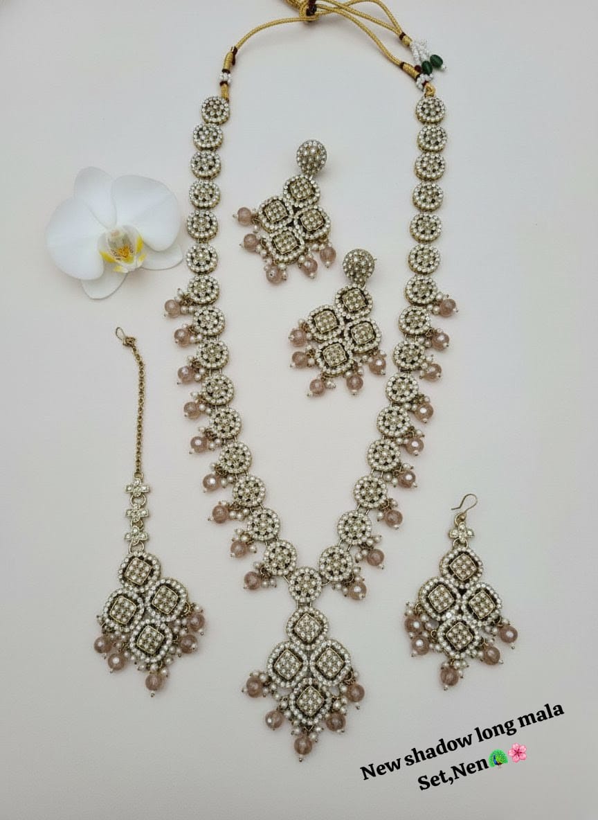 Emerald Green Gold Plated Bridal Jewelry Long Necklace With Earring Set For Woman