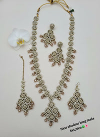 Emerald Green Gold Plated Bridal Jewelry Long Necklace With Earring Set For Woman