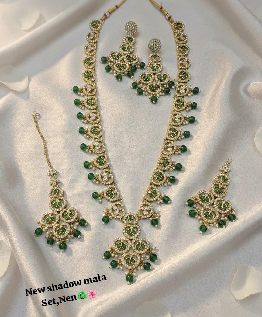 Antique Gold Plated Bridal Set Long Necklace With Earrings & Tikka Set For Woman