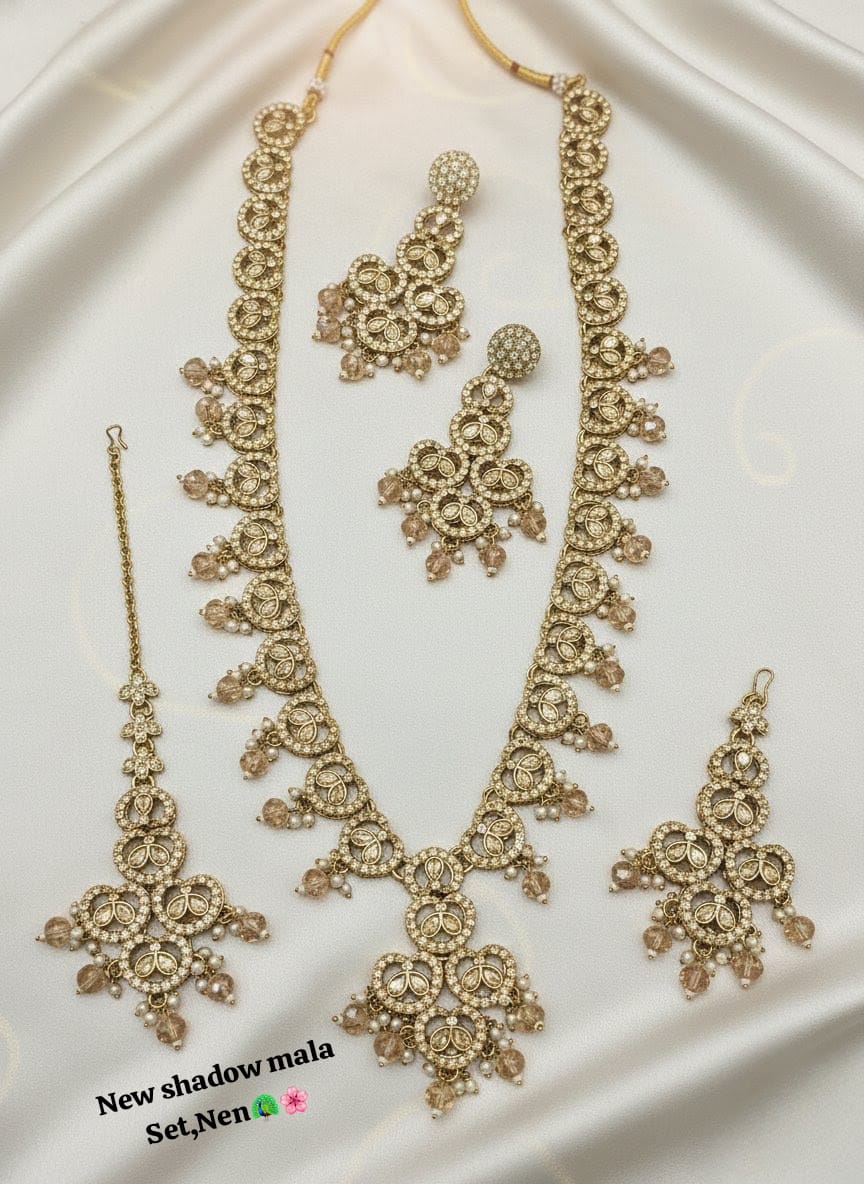 Antique Gold Plated Bridal Set Long Necklace With Earrings & Tikka Set For Woman