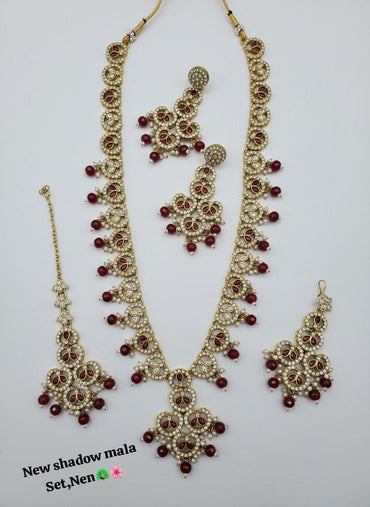 Antique Gold Plated Bridal Set Long Necklace With Earrings & Tikka Set For Woman