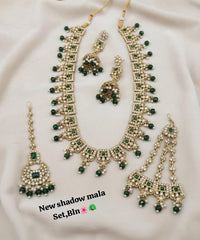 Emerald Gold Plated Jewellery Long Necklace Set with Earrings & Mangtika Set
