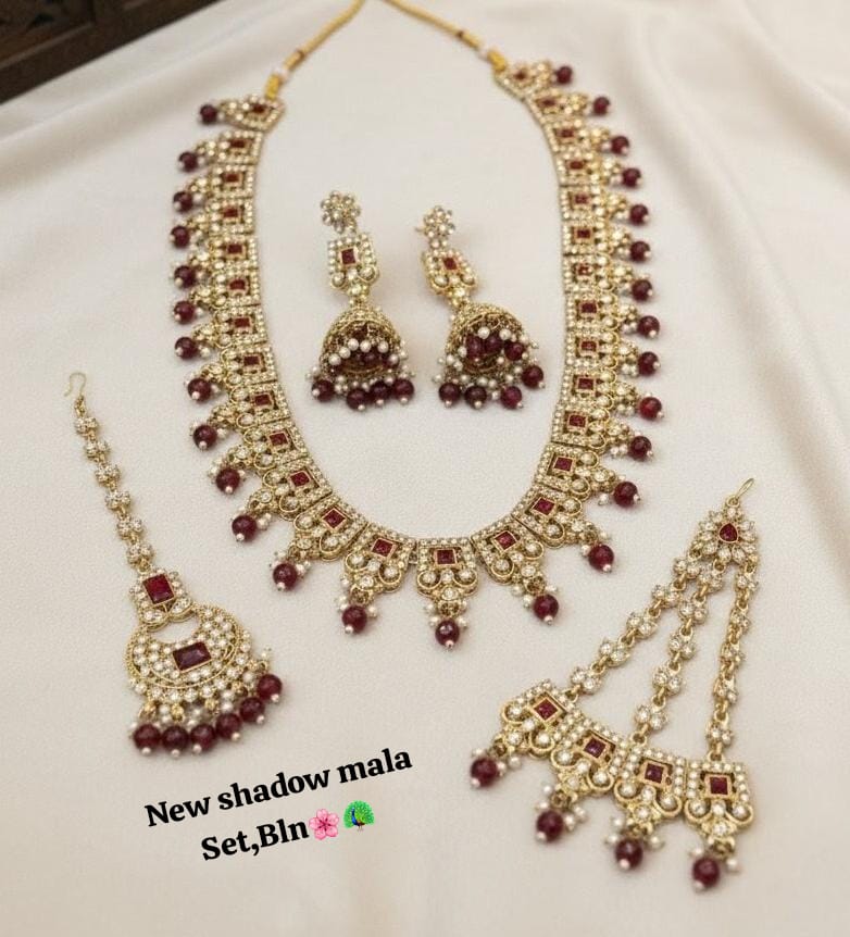 Emerald Gold Plated Jewellery Long Necklace Set with Earrings & Mangtika Set