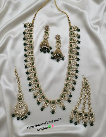 Wedding Collection Antique Gold Plated Long Necklace With Earrings & Tikka Set