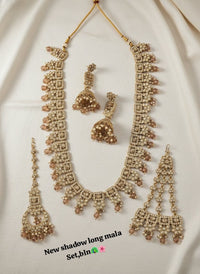 Wedding Collection Antique Gold Plated Long Necklace With Earrings & Tikka Set