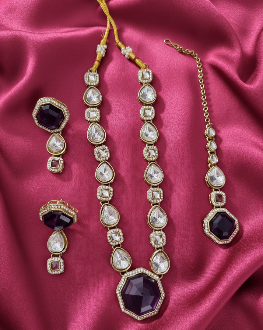 Deep Maroon Kundan Necklace Set with Earring