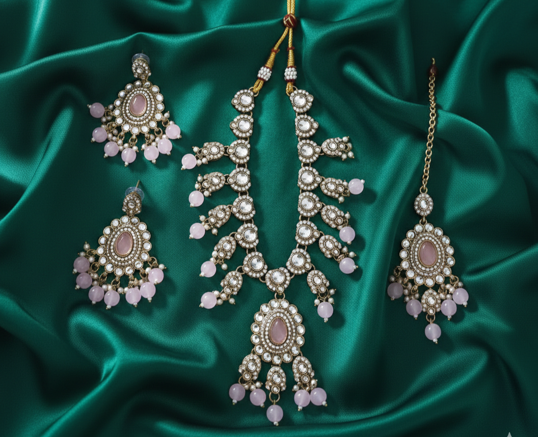 Lavender Lilac Kundan Necklace Set with Frosted Bead Droplets