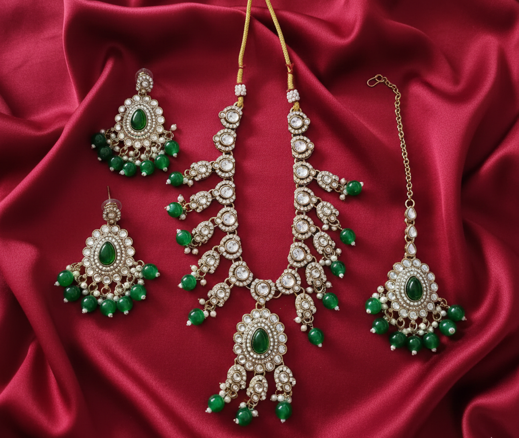 Lavender Lilac Kundan Necklace Set with Frosted Bead Droplets
