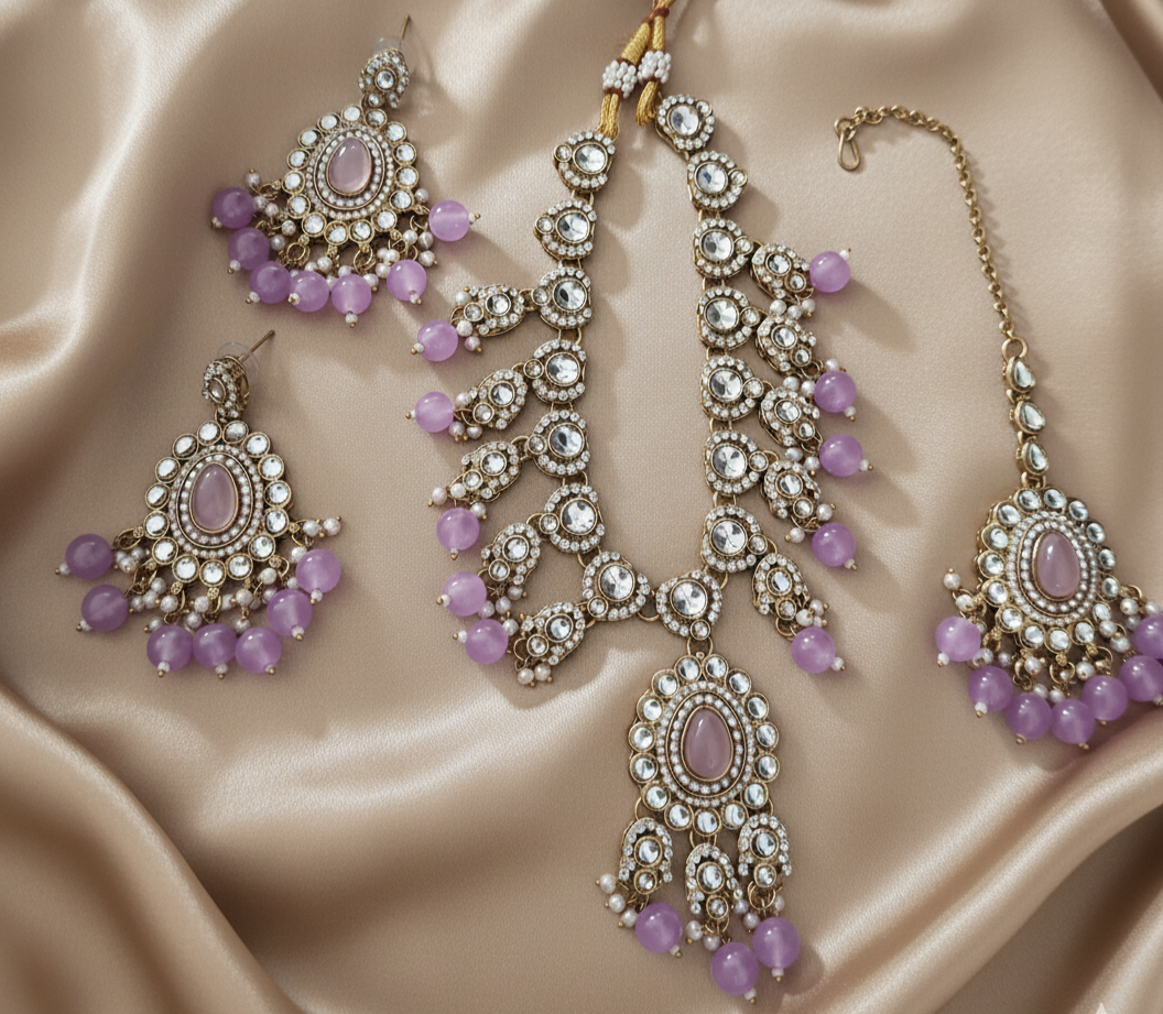 Lavender Lilac Kundan Necklace Set with Frosted Bead Droplets