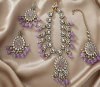 Lavender Lilac Kundan Necklace Set with Frosted Bead Droplets